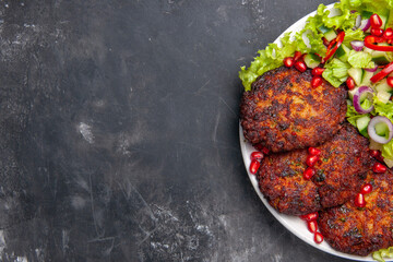 top view delicious meat cutlets with fresh salad on grey background meat photo dish