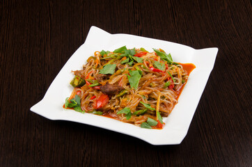 stir fried noodles. Asian cuisine, national oriental cuisine
