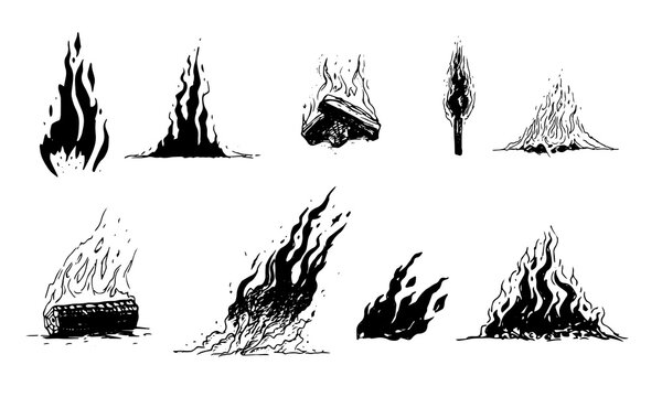 Set of hand drawn fire and flame elements. Wood burning, torch and flames isolated on white background.
