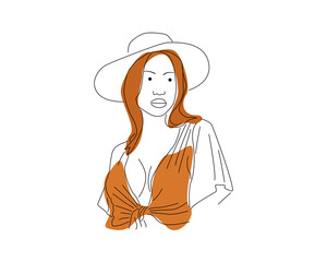 Vector graphic of Woman body minimalist drawing. Beautiful woman wearing beach hat. Woman in Swimsuit.