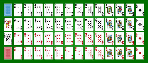 Poker set with isolated cards on green background. Poker playing cards, full deck. - obrazy, fototapety, plakaty