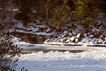 Icy river in the Canadian winters in Quebec
