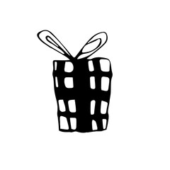Christmas gift design element drawn by kids in doodle style of marker pen black outline drawing. Childlike freehand art for new year kids design, greeting card, print, poster, banner.
