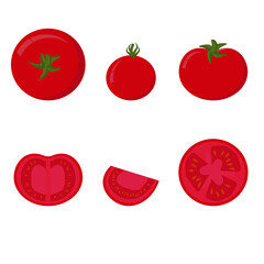 Red tomatoes set, whole vegetable and half, tomato slices with seeds, homemade salad products illustration