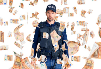 Young handsome man wearing police uniform skeptic and nervous, frowning upset because of problem....