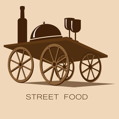 Fototapeta premium dish, wine and glasses on the cart table street food or cafe logo
