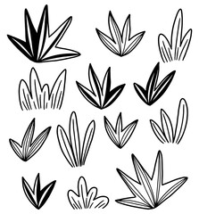 Doodles collection of abstract bushes. Hand drawn vector illustrations. Black outline vintage drawings isolated on white. Simple contour botanical elements for design, cards, print, decor, stickers.