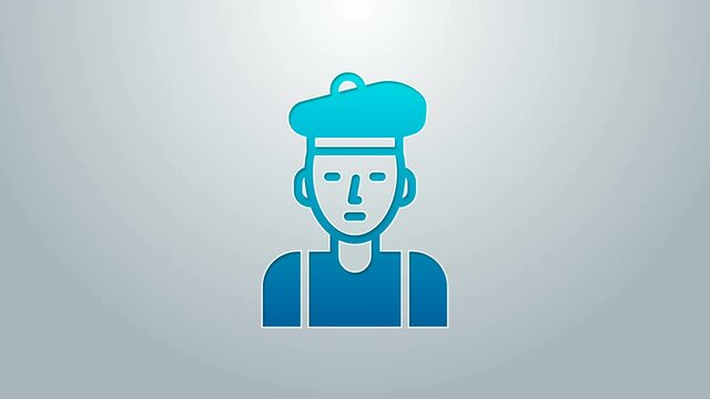 Blue line French man icon isolated on grey background. 4K Video motion graphic animation