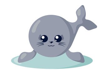 Funny cute kawaii fur seal with round body in flat design with shadows. Isolated vector illustration	
