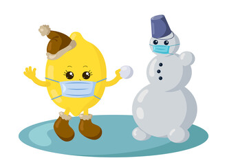 Cute kawaii lemon with winter shoes, warm hat and medical protective face mask making a snowman. Colored isolated vector illustration in flat design with shadows	