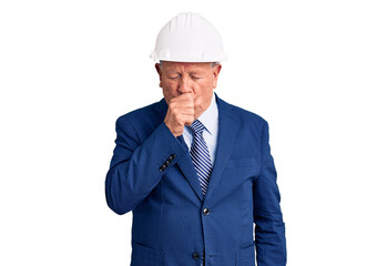 Senior handsome grey-haired man wearing suit and architect hardhat feeling unwell and coughing as symptom for cold or bronchitis. health care concept.