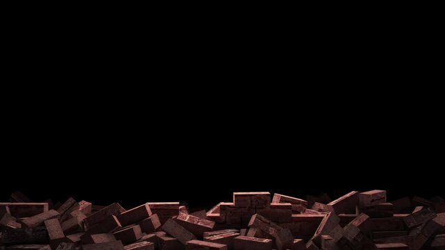 Destroyed brick wall at dark background. 4K Animation