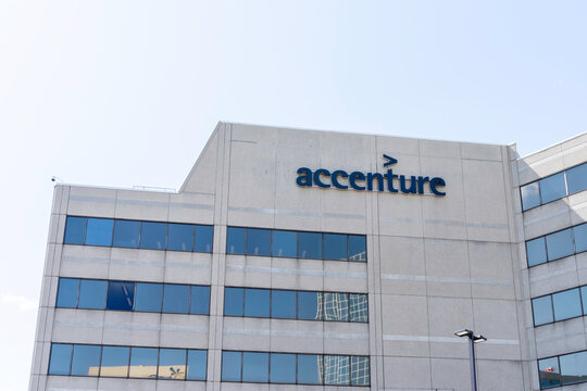 Mississauga, Ontario, Canada - July 14, 2019:  Accenture building in Mississauga, Ontario, Canada, a professional company provides services in strategy, consulting, digital, technology and operations.