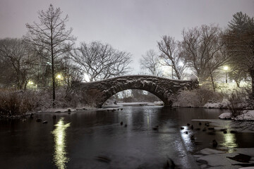 Obraz premium A Gapstow Bridge is covered in snow near the Pond in Central Park