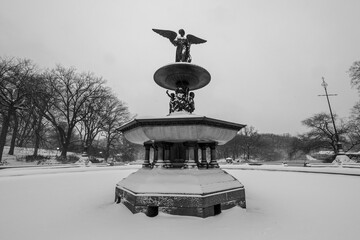The Bethesda Fountain is covered in snow in Central Park