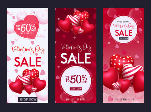 Valentine sale vector poster background. Valentine's day 50% off discount promo text with floating balloon hearts element for shopping advertisement design. Vector illustration
