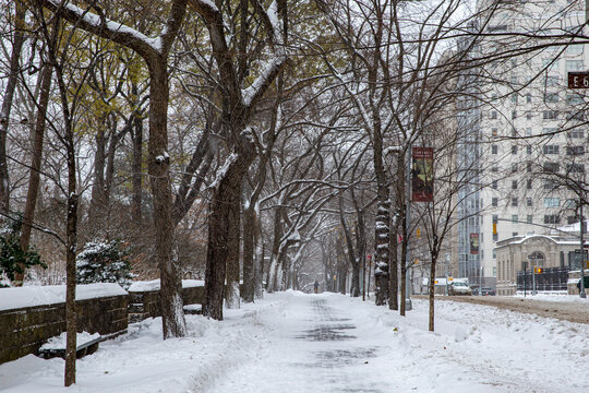 The sidewalk along Fifth Avenue is covered in snow in Central Park, New York City