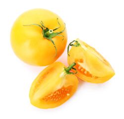 Fototapeta na wymiar Cut ripe yellow tomatoes isolated on white, top view