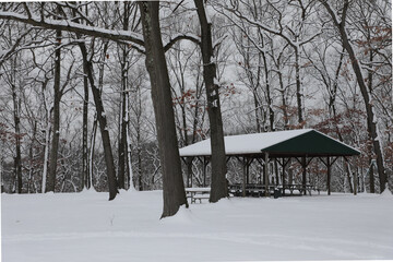 Public park pavilion in winter snow gray afternoon day with forest trees