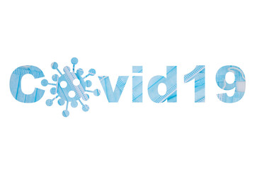 Isolated covid 19 word illustration with surgery mask texture and white background plus virus symbol