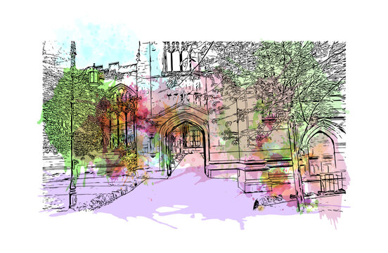 Building view with landmark of Coventry is a city in central England. Watercolour splash with hand drawn sketch illustration in vector.