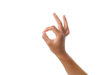 Hand showing okay sign against white background