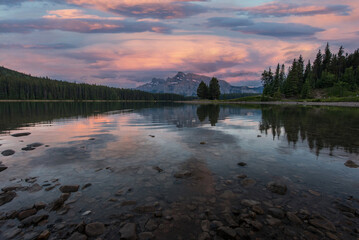 Sunset at Two Jack Lake in Banff National Park , Canada - 400465646