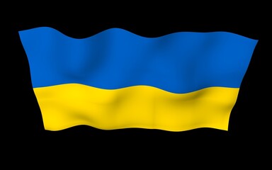 The flag of Ukraine on a dark background. National flag and state ensign. Blue and yellow bicolour. 3D illustration waving flag