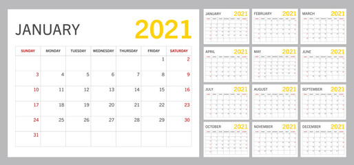 2021 Minimalist Calendar Template. The Week Starts on Sunday. Vector Illustration of 12 Months.