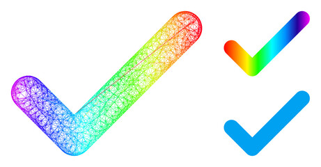 Spectral vibrant wire frame ok, and solid spectral gradient ok icon. Crossed frame 2D net abstract image based on ok icon, is made with crossed lines.