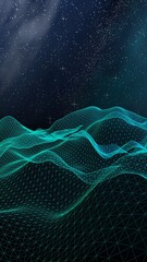 Abstract landscape on a dark background. Cyberspace grid. hi tech network. Outer space. Vertical orientation. Starry outer space texture. 3D illustration
