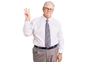 Senior grey-haired man wearing business clothes showing and pointing up with fingers number three while smiling confident and happy.