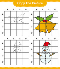 Copy the picture, copy the picture of Christmas Bell and Snowman using grid lines. Educational children game, printable worksheet, vector illustration