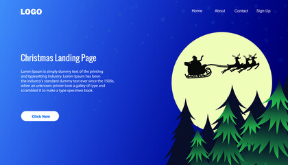 a banner design for a website with a Christmas theme. a green Christmas tree with a large circular moon. blue background color.
