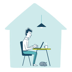 ベクターイラスト素材：おうち時間、ステイホーム、家で仕事をする男性、リモート、テレワーク、イメージ
