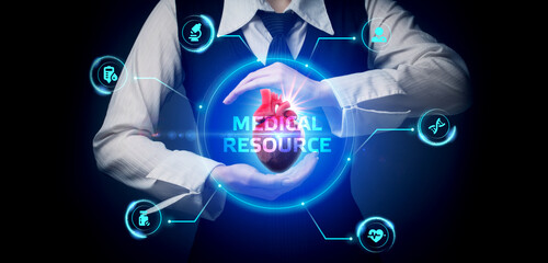 Modern technology in healthcare, medical diagnosis. MEDICAL RESOURCE inscription on virtual screen