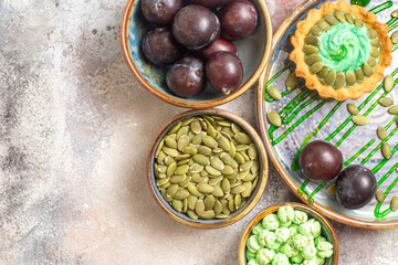 top view yummy little cake with fruits on the light background biscuit dessert sweet
