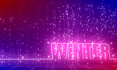 Lettering illustration with word winter. Typography poster in thin line style. 3D rendering. Neon shine