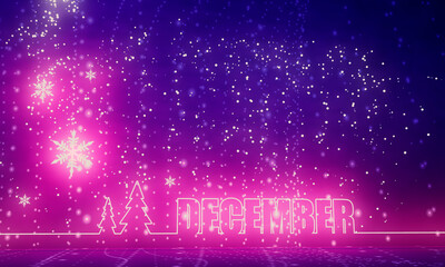 Lettering illustration with word december. Typography poster in thin line style. 3D rendering. Neon shine
