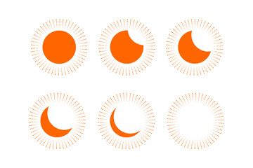 Lunar eclipse or solar eclipse process icon set. Shining sun or moon icon