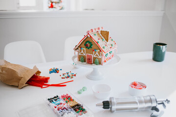 Christmas Gingerbread House Decorated in a Kitchen