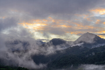 Naklejka na ściany i meble Sunrise with mist and fog in the cloud forest Andes peaks, Mindo, Ecuador.
