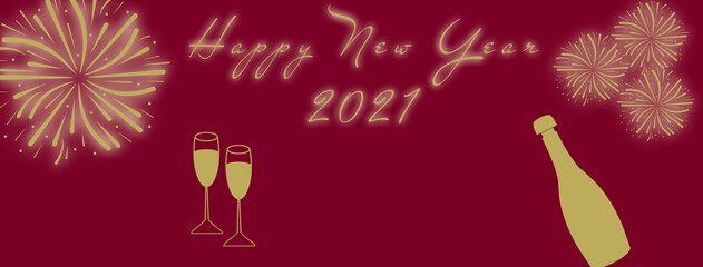 New year celebration banner with gold text on cherry background.