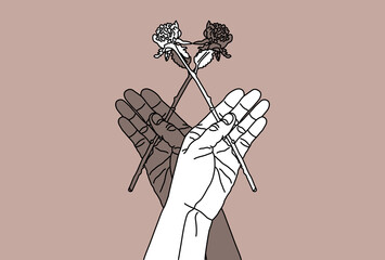 一輪の薔薇を持った手のイラスト ピンク色の背景 Wall Mural Dahlia