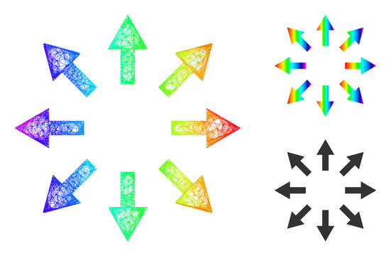 Spectrum colorful crossing mesh radial arrows, and solid spectrum gradient radial arrows icon. Crossed frame flat net geometric image based on radial arrows icon, is created from crossed lines.