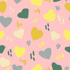 cute hearts and doodle dashes seamless pattern in trending color 2021. vector hand drawn minimalism simple. wallpaper, textiles, wrapping paper, decor. gray, gold, yellow, green. love, valentines day.