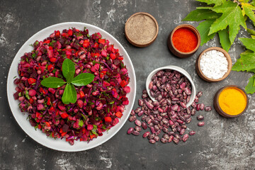 top view tasty vinaigrette beet salad with seasonings on a dark background meal health diet