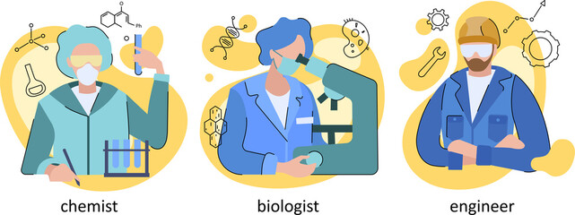 Set of three different workers wearing face masks with two scientists conducting experiments in a laboratory and an industrial engineer, modern vector illustration