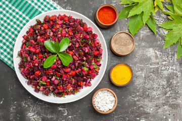 top view vinaigrette salad with beet and beans on a dark background salad health diet meal