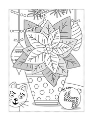 Poinsettia in a dotted pot coloring page or black and white illustration with cat and ornaments
